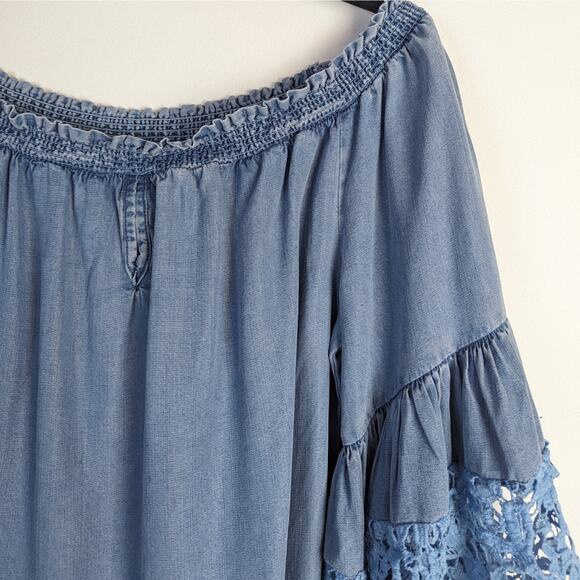 Joseph Ribkoff Blue Off The Shoulder Floral Lace Bell Sleeve Tencel Blouse Sz 12 - Picture 5 of 10
